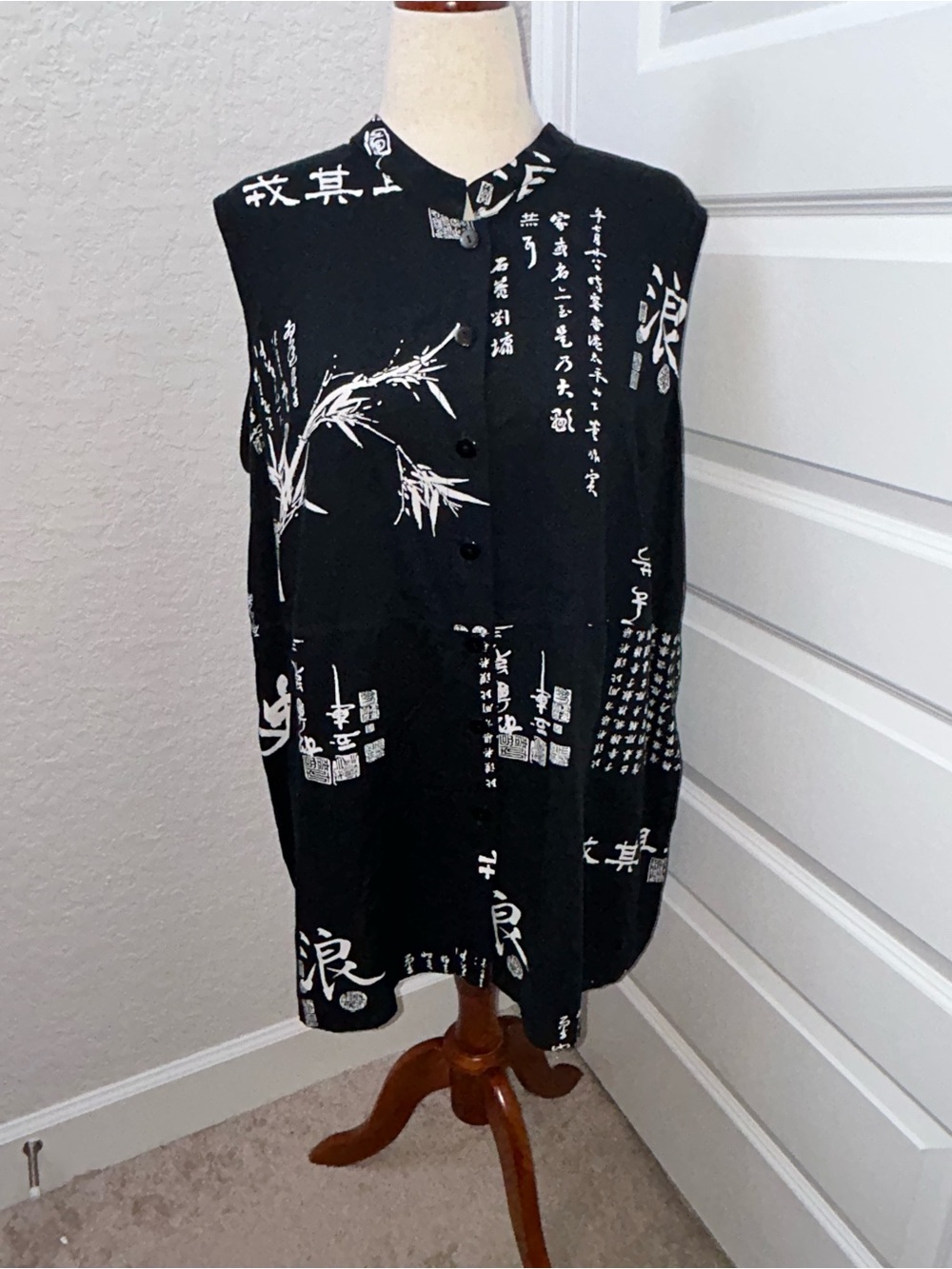 Soft Surroundings Vintage Bamboo Ink Art Sleeveless Tunic Blouse Shirt Top